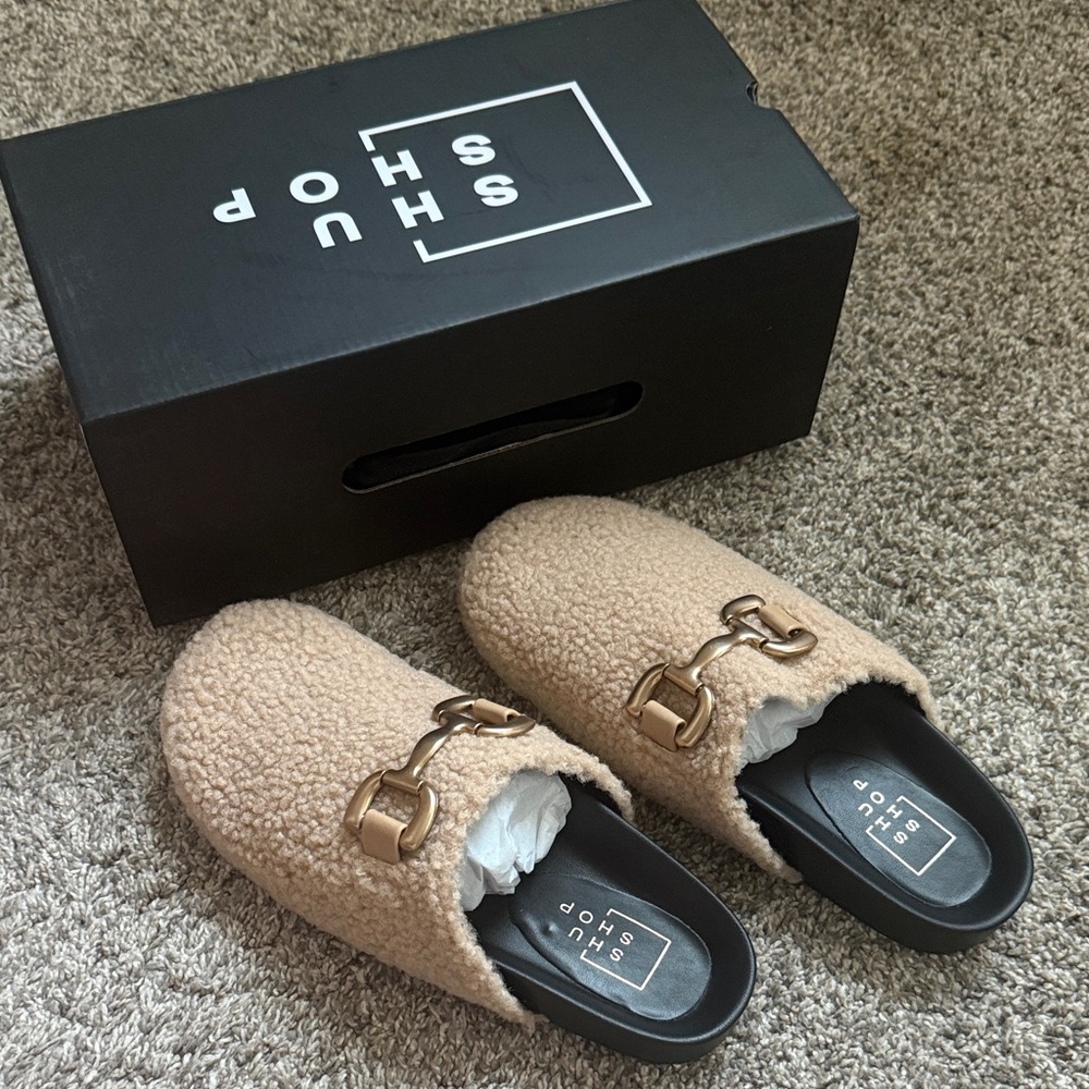 Tan Fuzzy Slip-On Mules with Gold Buckle